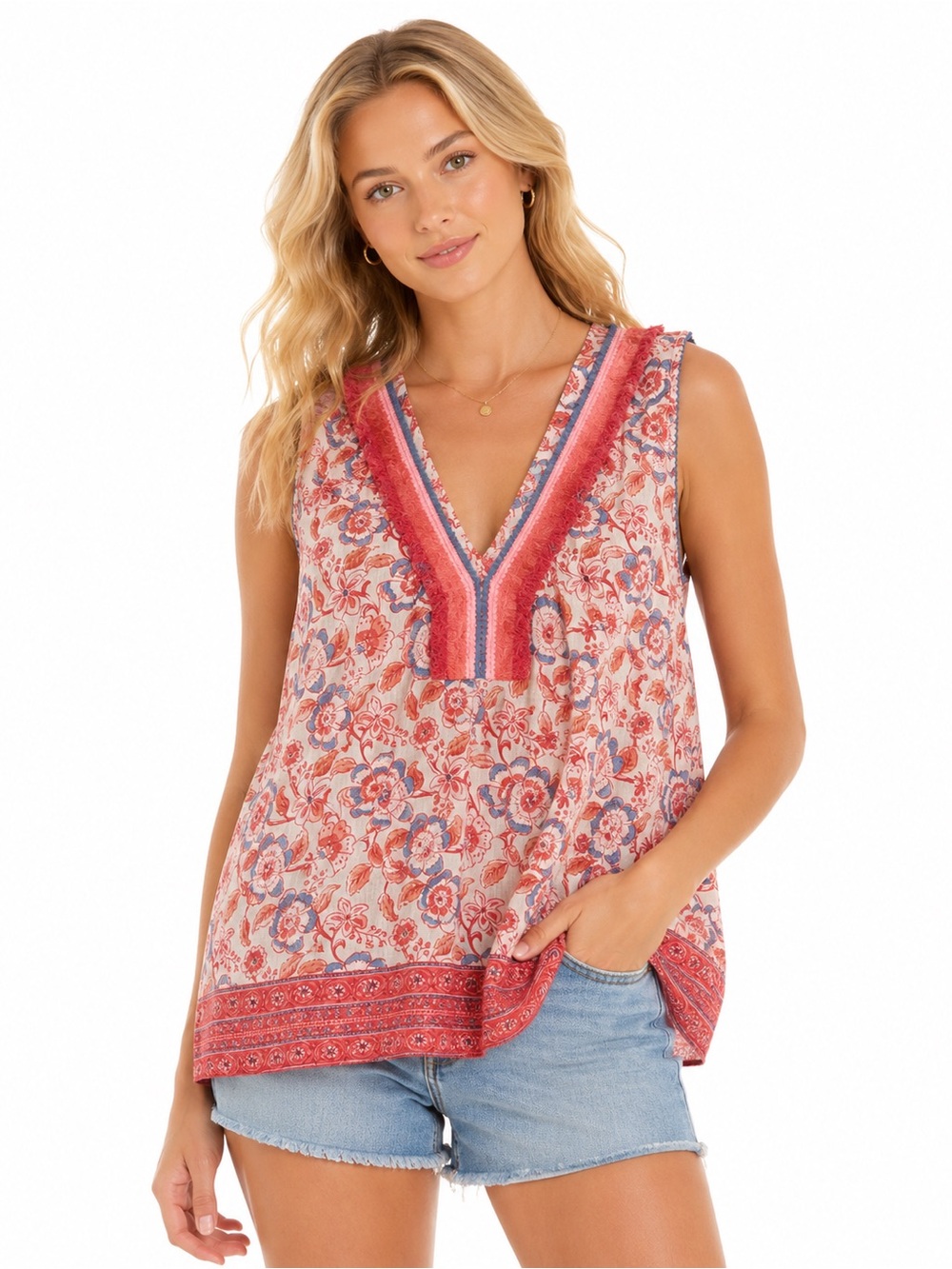 Vineyard Vines Size Small Sleeveless V-Neck Floral Tank Top in Coral with Fringe